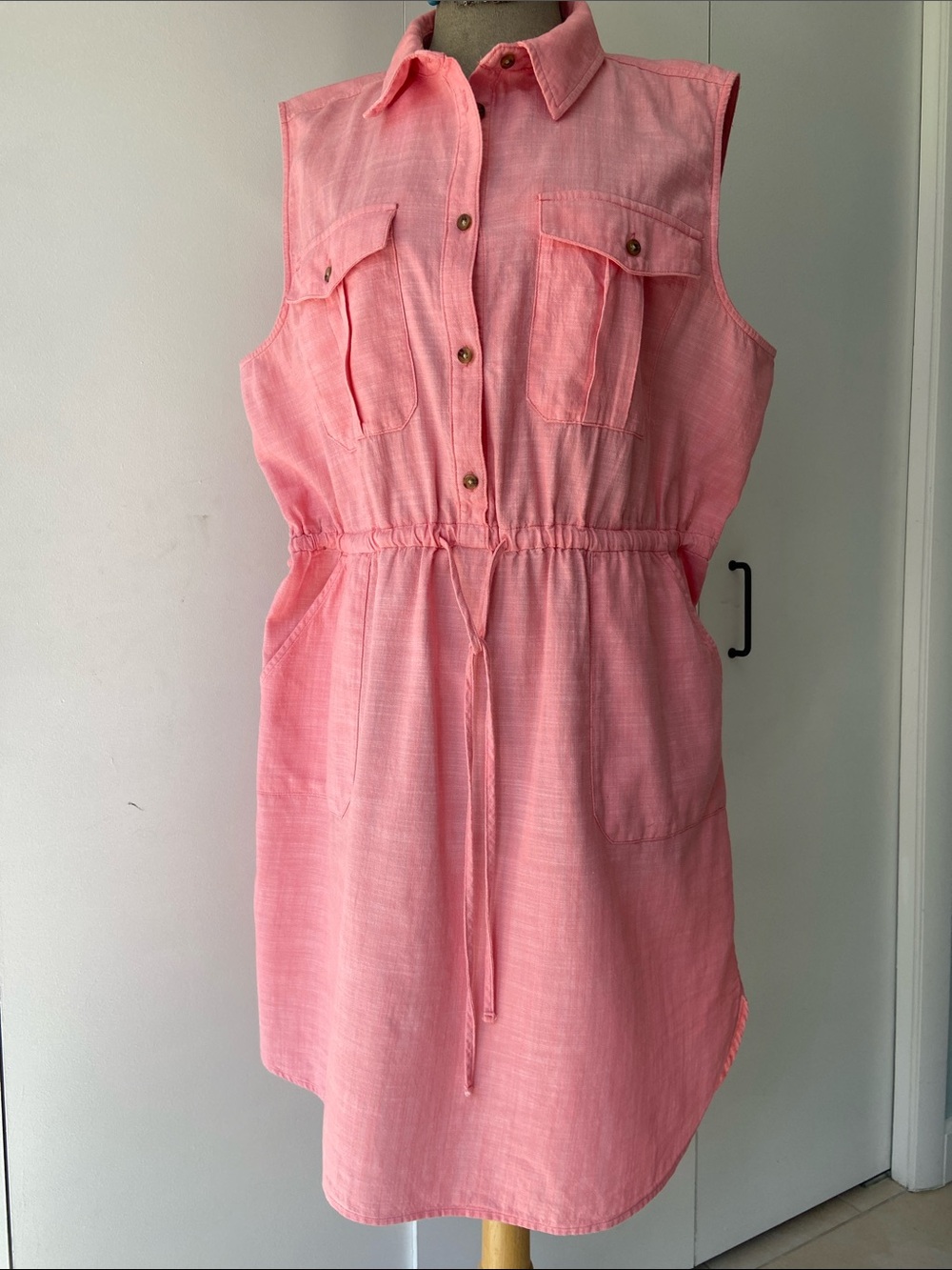 Time and Tru Pink Sleeveless Drawstring Shirt Dress